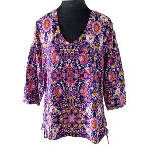 Floral Boho Medallion V-Neck Top Pink Purple 3/4 Sleeve Adjustable Side Cinch XL
